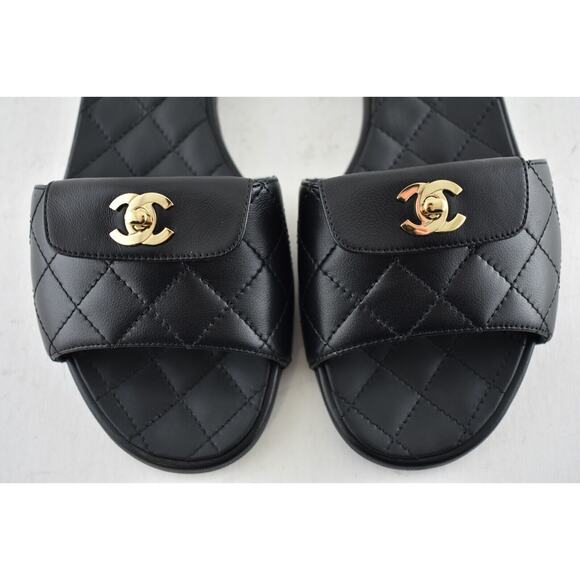 Chanel REV Black Turnlock Quilted Gold CC Logo Mules Slide Sandal Flop Flat 35 - Picture 5 of 12